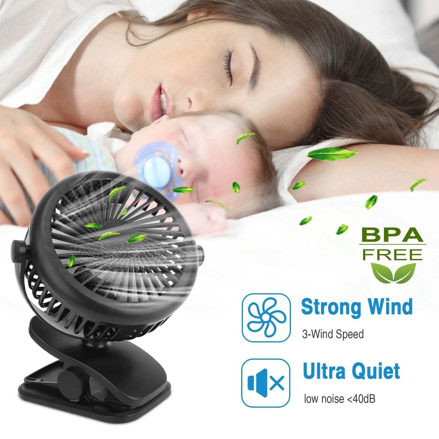 Ventilateur portable à pince rotatif à 360° silencieux et rechargeable