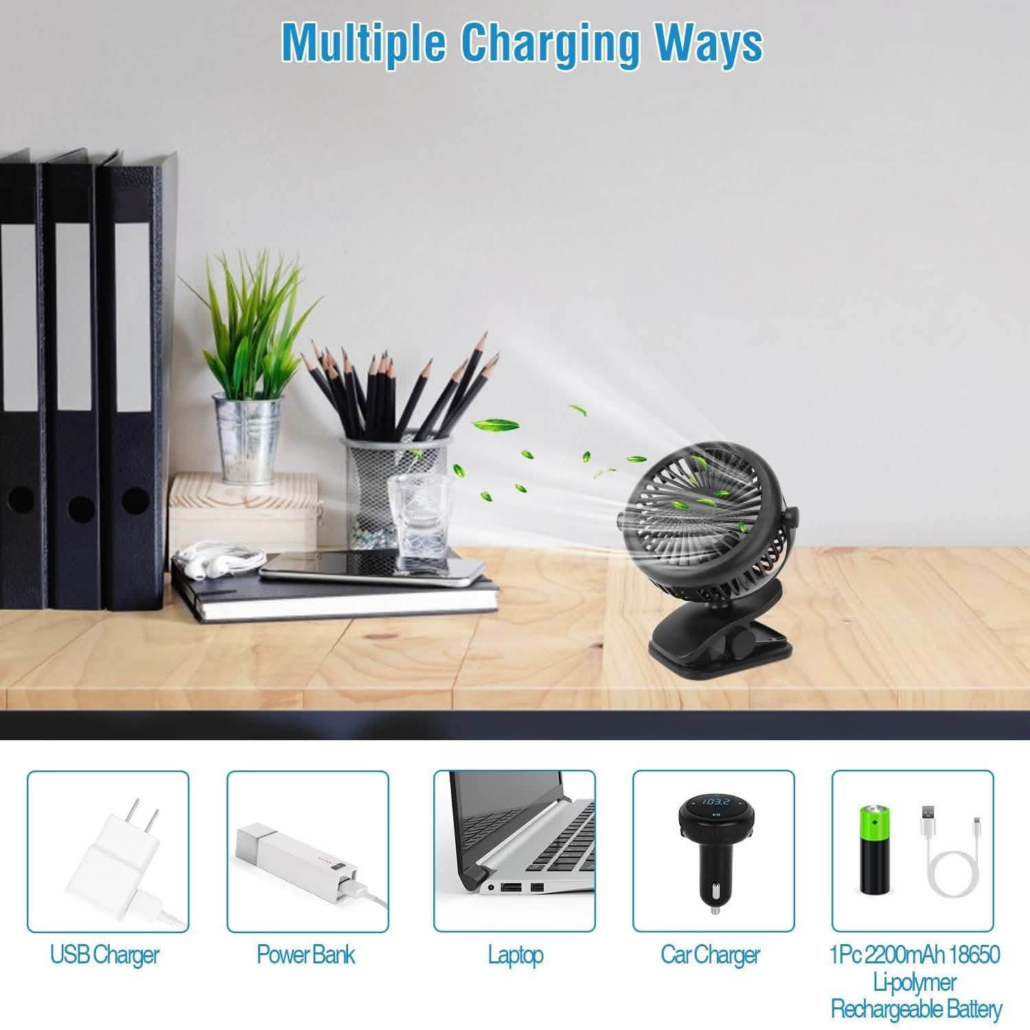 Ventilateur portable à pince rotatif à 360° silencieux et rechargeable