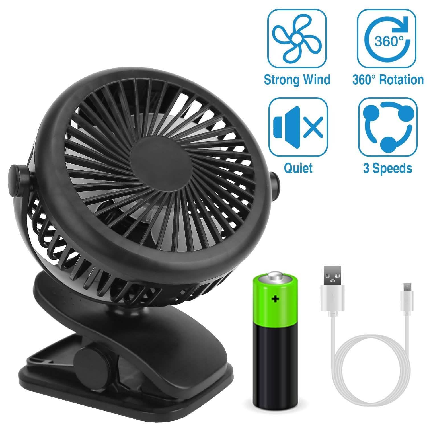 Ventilateur portable à pince rotatif à 360° silencieux et rechargeable