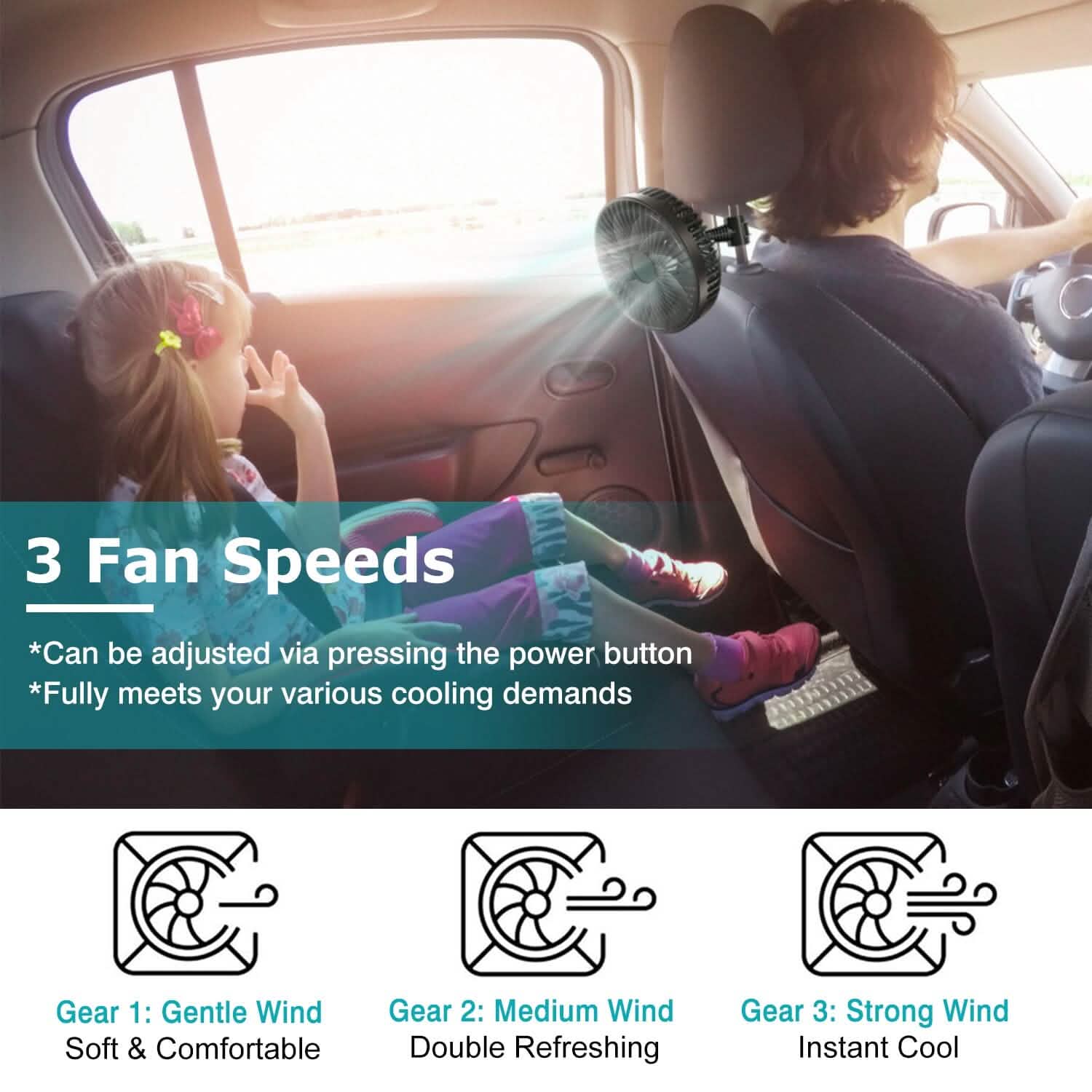 Ventilateur de refroidissement de voiture rotatif à 360° avec 3 vitesses