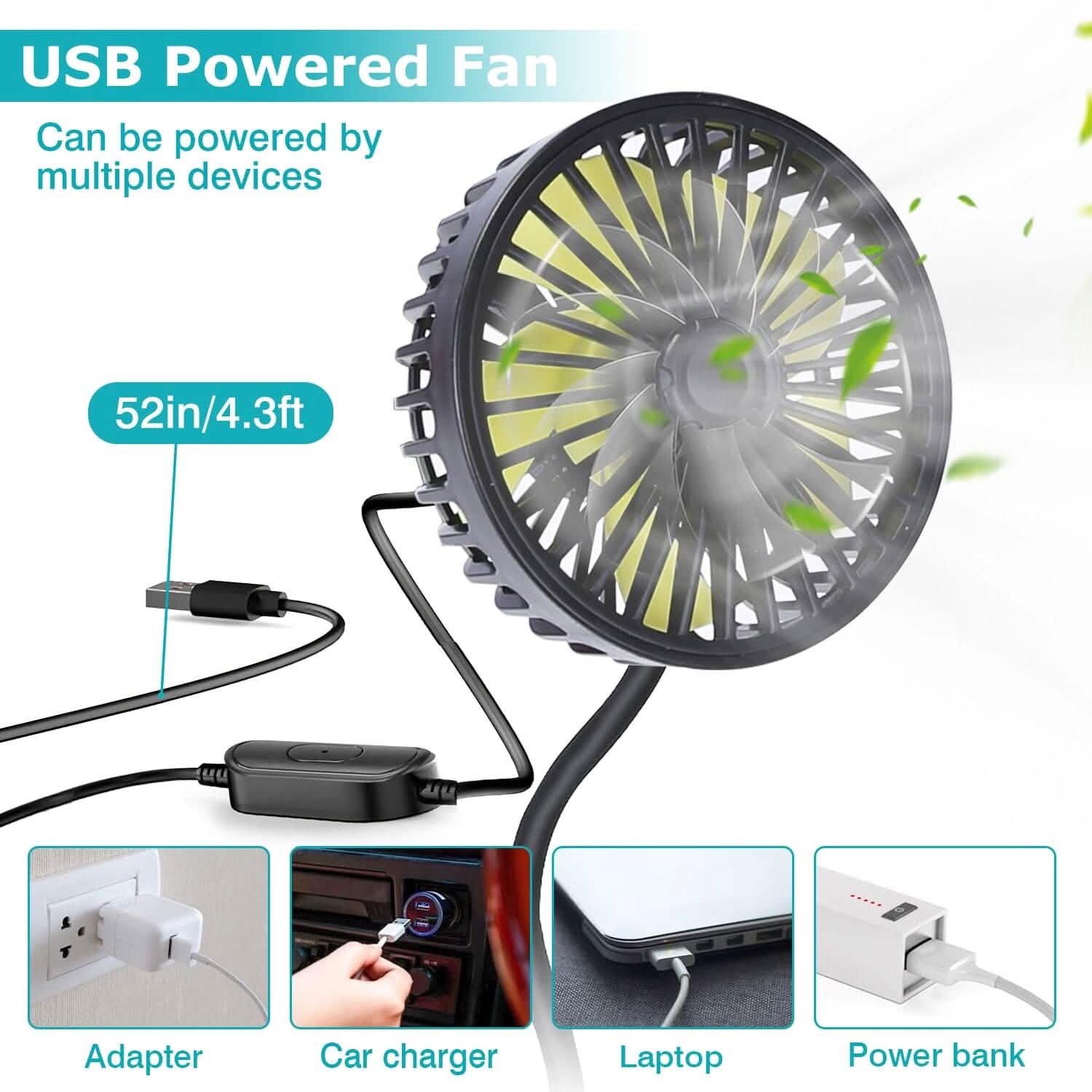 Ventilateur de refroidissement de voiture rotatif à 360° avec 3 vitesses