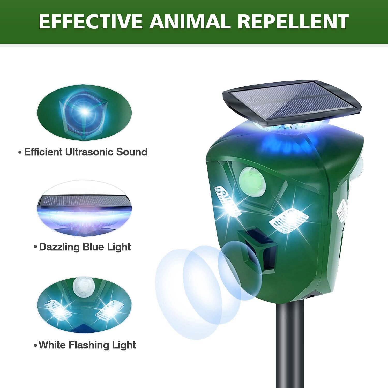 Répulsif ultrasonique électrique à énergie solaire 360° avec capteur de mouvement et lumières LED clignotantes