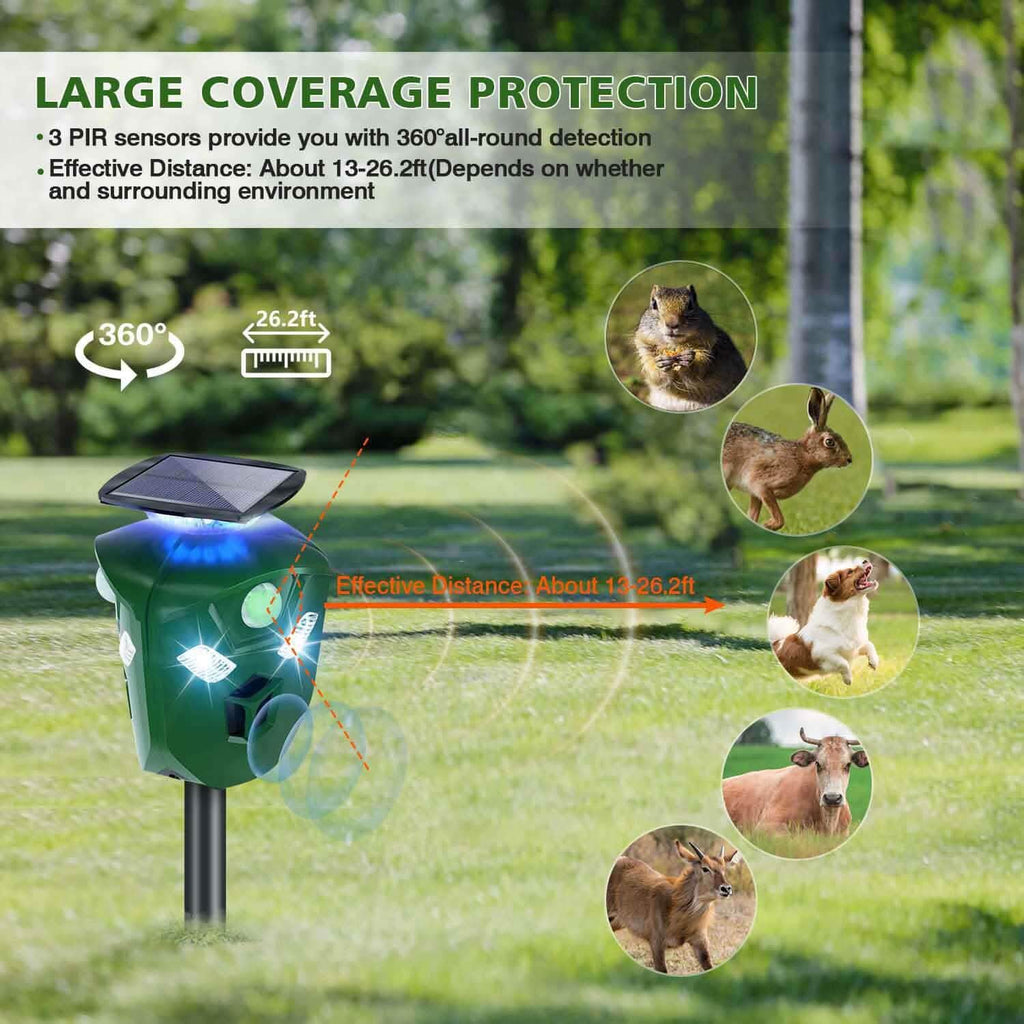 Répulsif ultrasonique électrique à énergie solaire 360° avec capteur de mouvement et lumières LED clignotantes