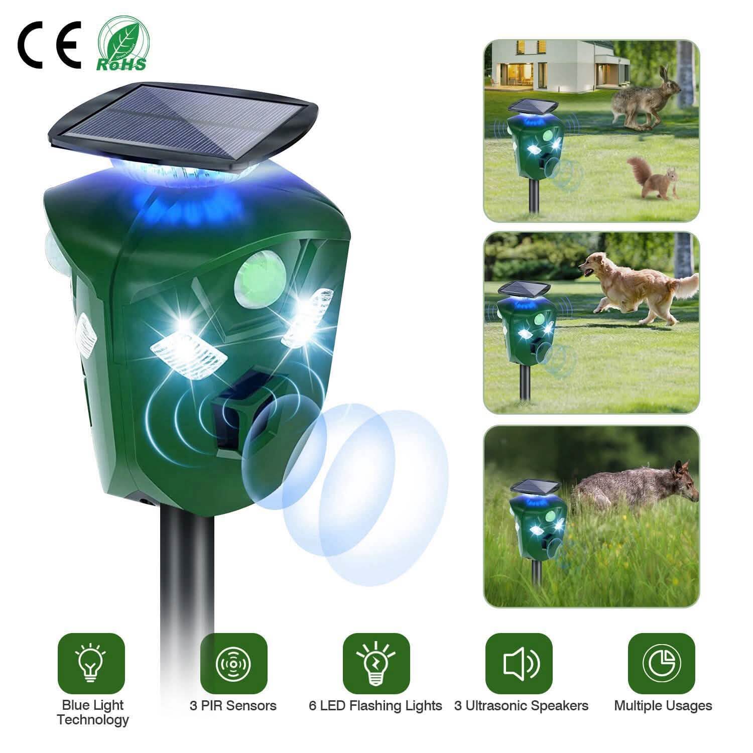 Répulsif ultrasonique électrique à énergie solaire 360° avec capteur de mouvement et lumières LED clignotantes