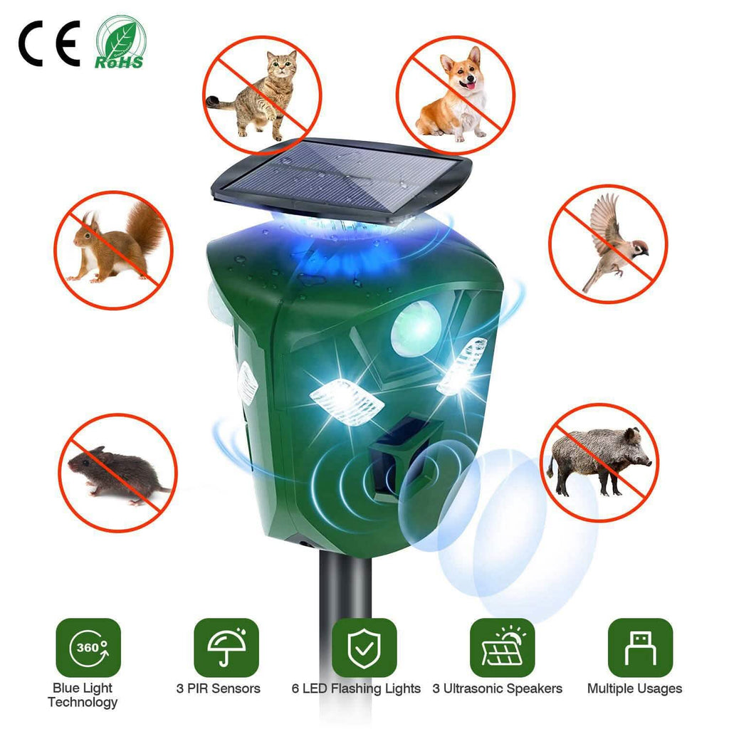Répulsif ultrasonique électrique à énergie solaire 360° avec capteur de mouvement et lumières LED clignotantes