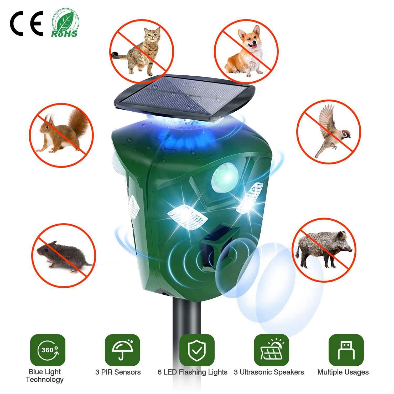 Répulsif ultrasonique électrique à énergie solaire 360° avec capteur de mouvement et lumières LED clignotantes