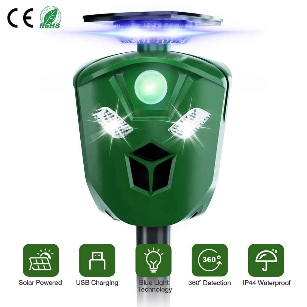Répulsif ultrasonique électrique à énergie solaire 360° avec capteur de mouvement et lumières LED clignotantes