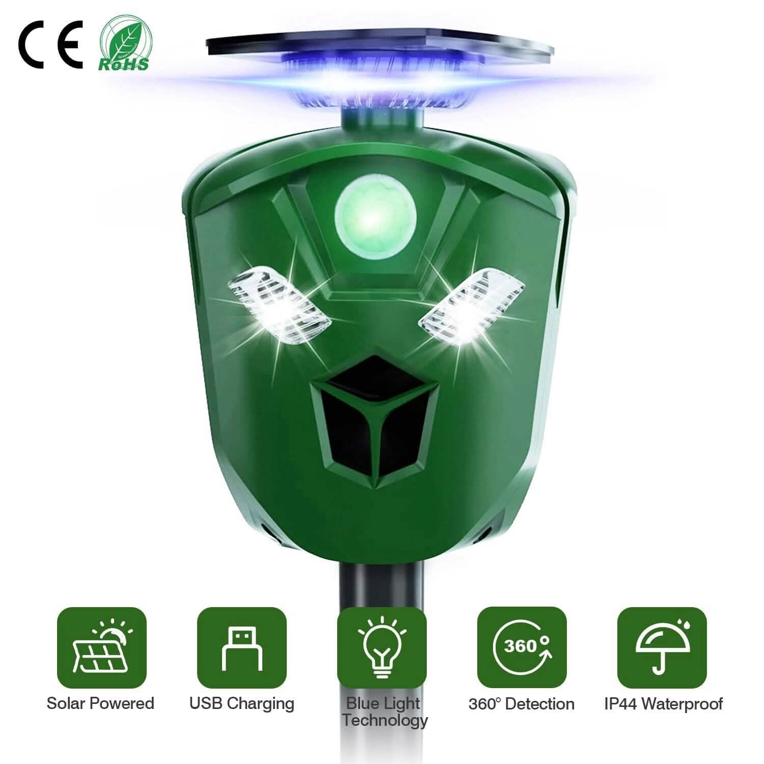 Répulsif ultrasonique électrique à énergie solaire 360° avec capteur de mouvement et lumières LED clignotantes