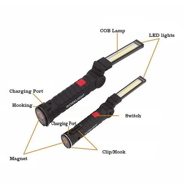 Lampe d'inspection à rotation à 360° LED + COB, baladeuse rechargeable et flexible sans fil