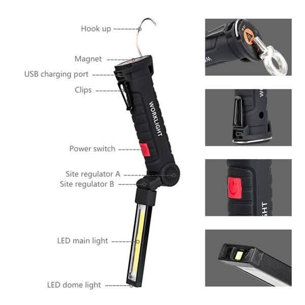 Lampe d'inspection à rotation à 360° LED + COB, baladeuse rechargeable et flexible sans fil
