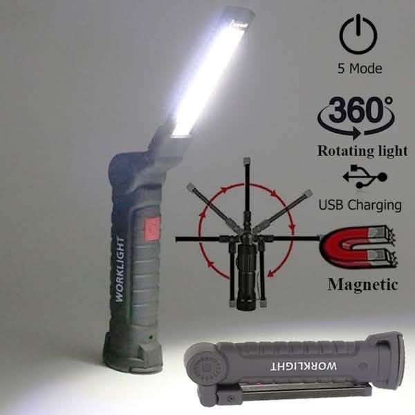 Lampe d'inspection à rotation à 360° LED + COB, baladeuse rechargeable et flexible sans fil