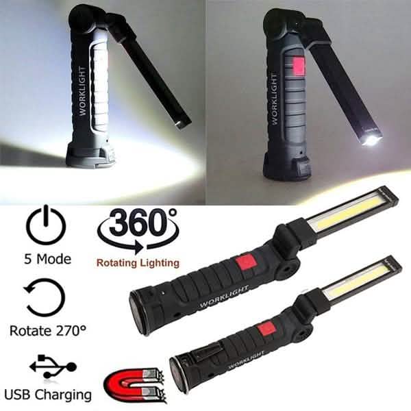 Lampe d'inspection à rotation à 360° LED + COB, baladeuse rechargeable et flexible sans fil