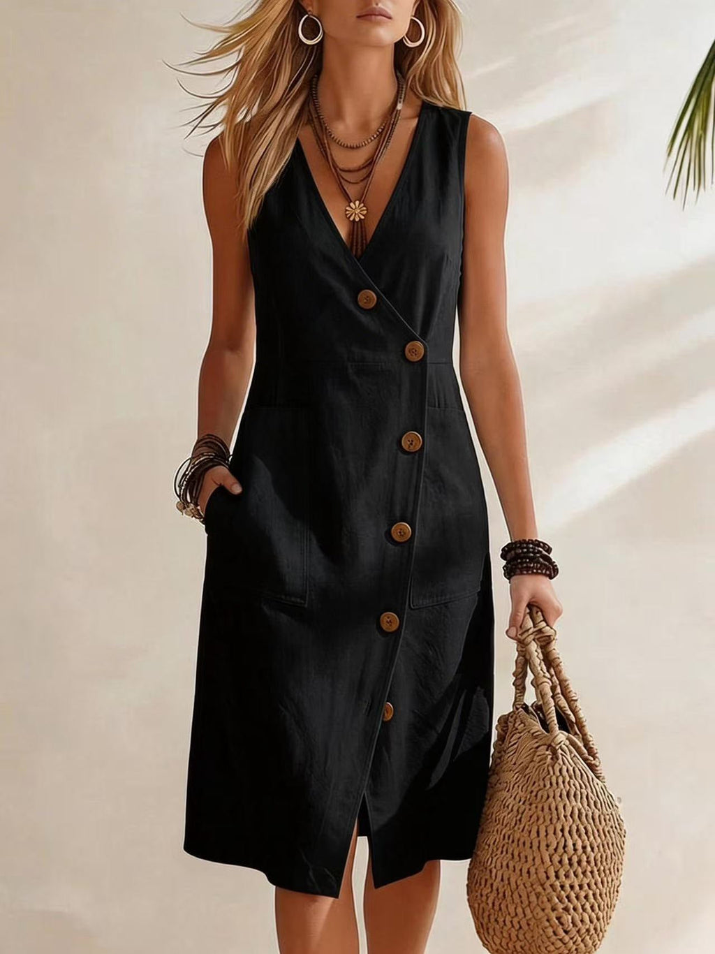 Robe midi asymétrique boutonnée sans manches à col en V pour femme, collection Resort