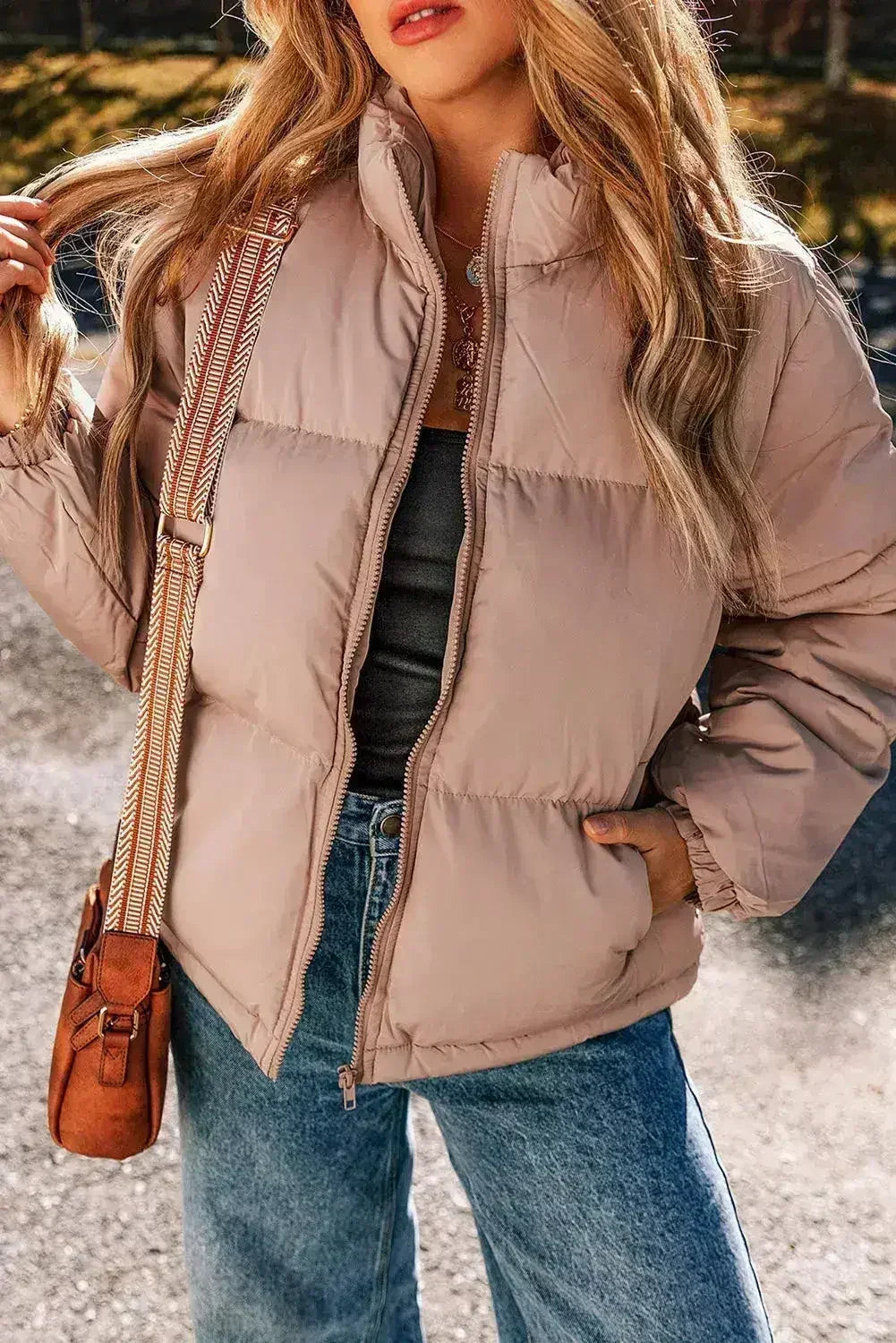 Doudoune matelassée zippée rose abricot