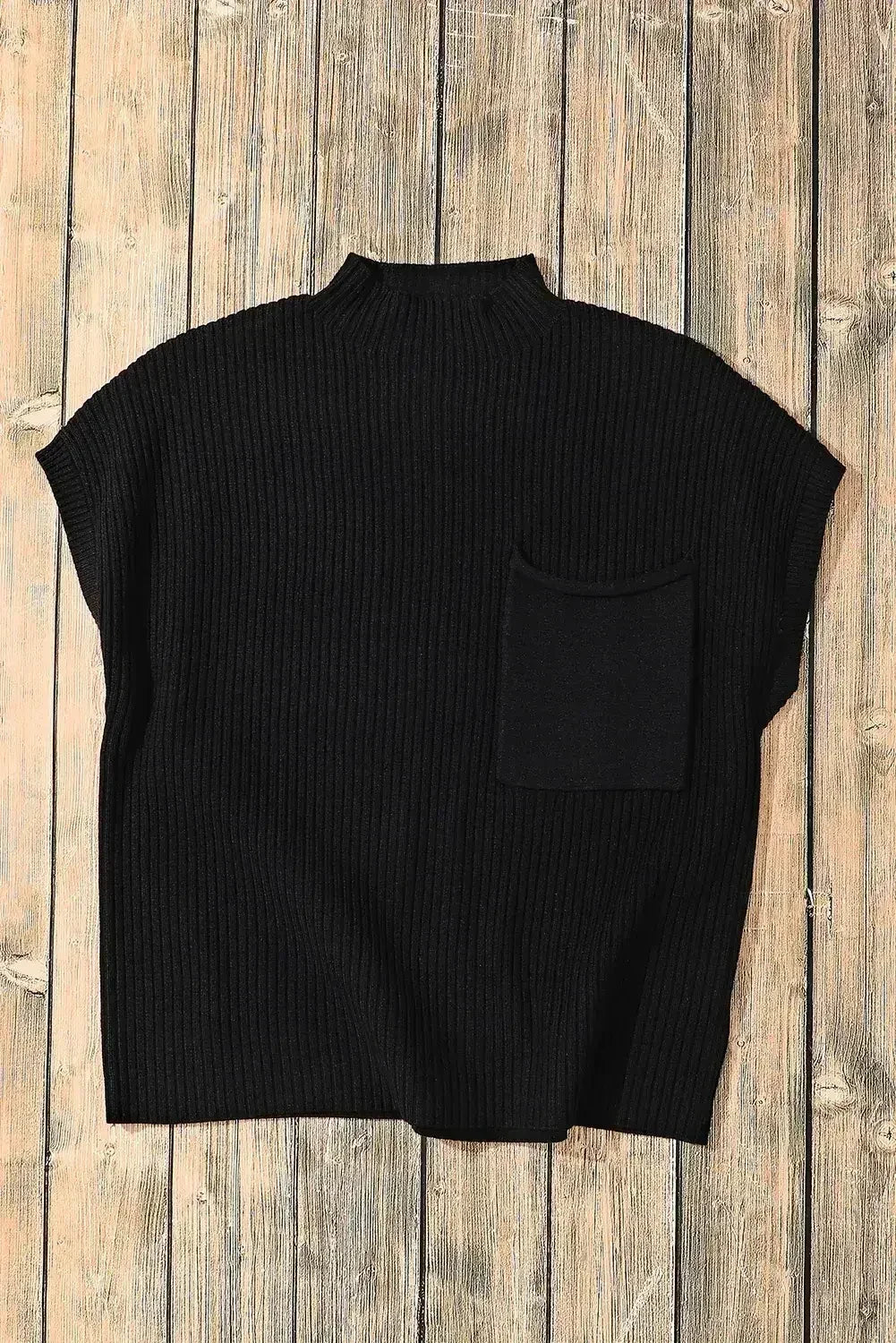 Pull à manches courtes en maille côtelée rouge minéral à poche plaquée