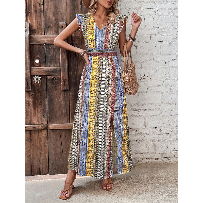 Robe longue évasée à imprimé géométrique bohème et manches bouffantes pour femmes – 3 couleurs du S au XL