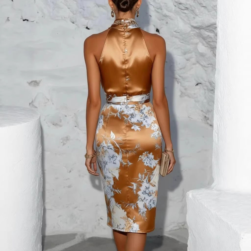 Robe de soirée élégante en mousseline imprimée à col licou pour femme