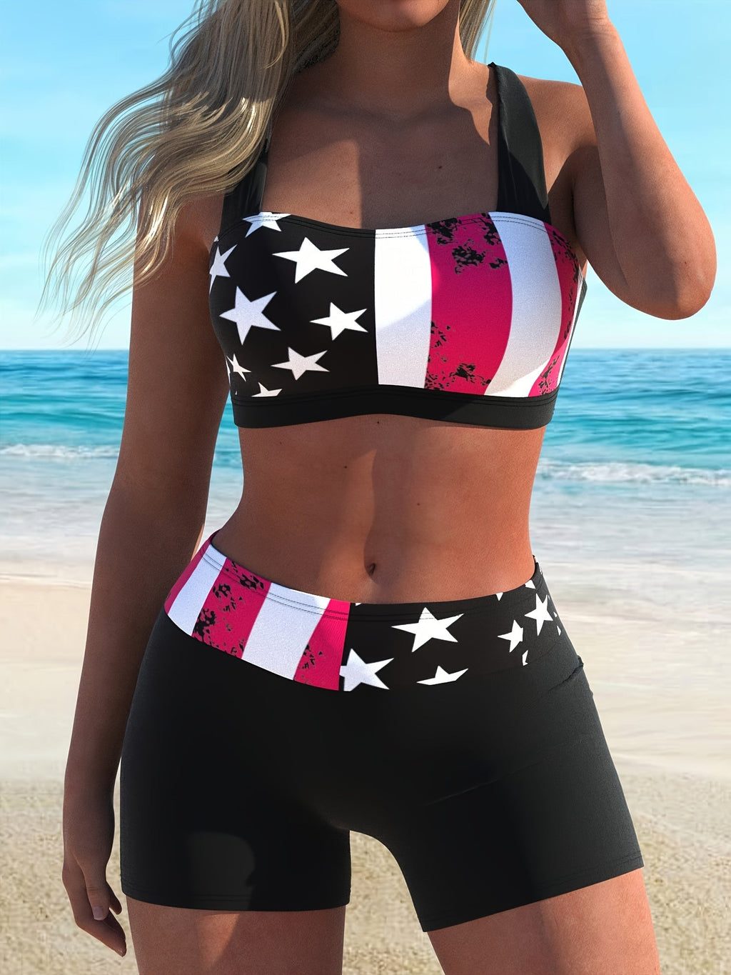 Maillot de bain bikini 2 pièces femme imprimé drapeau américain, licou croisé – Ensemble bikini patriotique très extensible avec dos noué et bas shorty – Maillot de bain confortable pour la plage, la piscine et les célébrations du 4 juillet