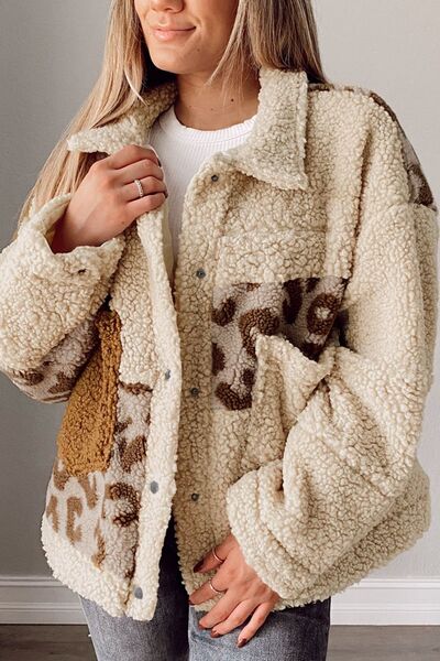 Veste Confortable en Sherpa Imprimé Léopard avec Col et Poches Fonctionnelles pour Femme