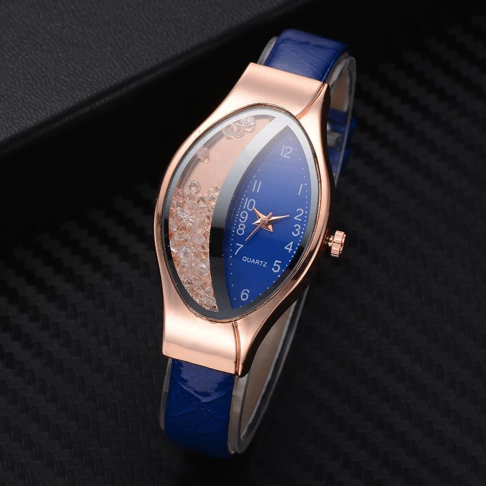 Montre de luxe Ellipse en PU à bracelet en cuir pour femmes, montre-bracelet à quartz sport en strass pour femmes et jeunes filles