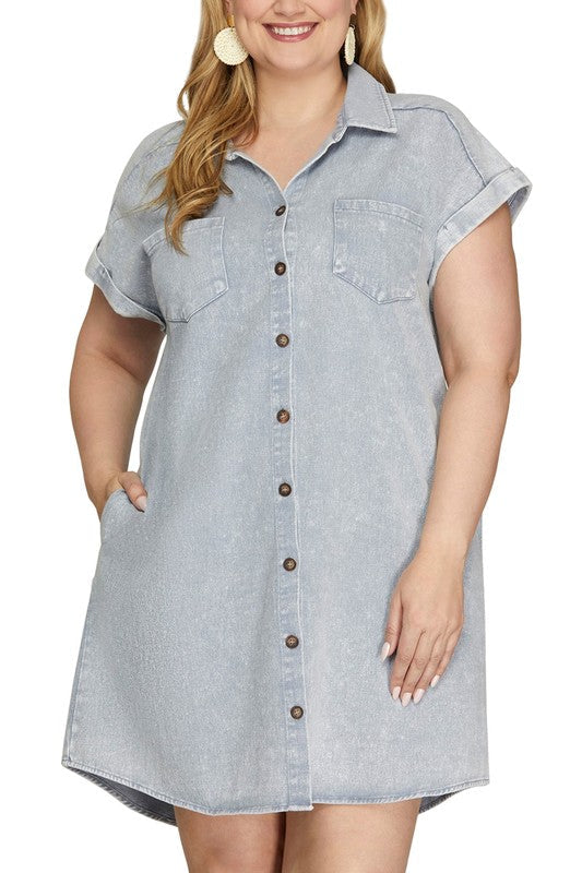 Robe chemise boutonnée à manches repliées de couleur bleu-gris, taille standard et grande taille, décontractée et simple pour femme