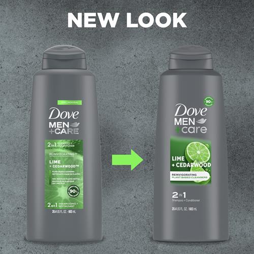 Dove Men+Care Homme Shampooing et revitalisant 2 en 1 Citron vert et cèdre pour des cheveux d’apparence saine Nettoyants d'origine naturelle à base de plantes 603 ml