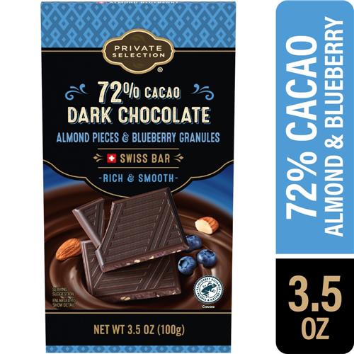 Tablette de chocolat noir suisse Private Selection Amandes et bleuets 72 % cacao 99,2 g