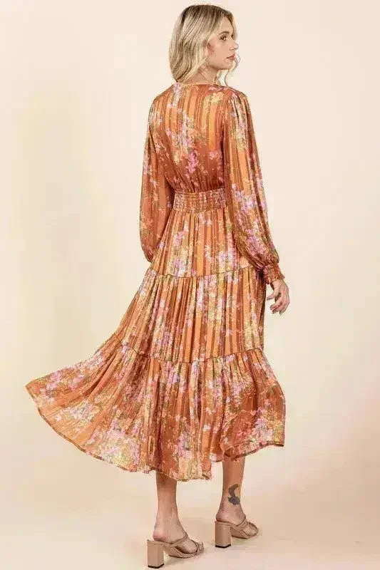 Robe midi smockée Mittoshop à rayures lurex en satin imprimé floral
