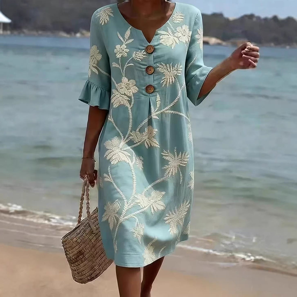 Robe ample d'été à col en V imprimé noix de coco pour femme avec manches trois quarts