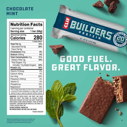 Barre protéinée Clif Builders - Saveur chocolat menthe - 20G de protéines végétales - Sans gluten - Sans OGM - Faible indice glycémique - Sans édulcorants artificiels - 68 g