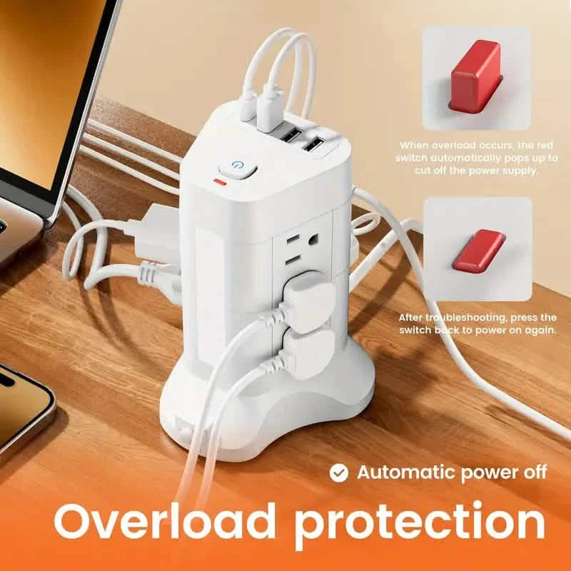 Multiprise tour 14-en-1 avec 4 ports USB et 9 prises CA, câble de 3 m, veilleuse 3 couleurs réglable
