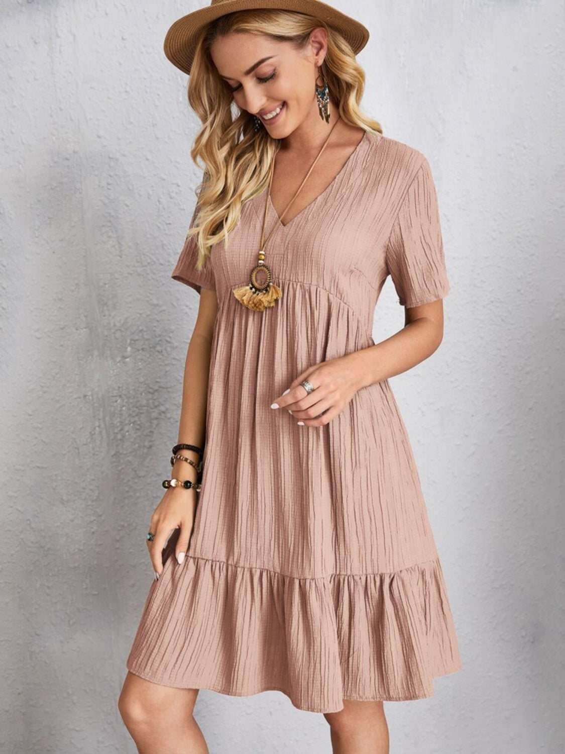 Robe Classique Col V Manches Courtes Décontractée et Confortable pour Femmes