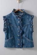 Gilet en jean à volants Victorian Muse – Superposition audacieuse à col montant