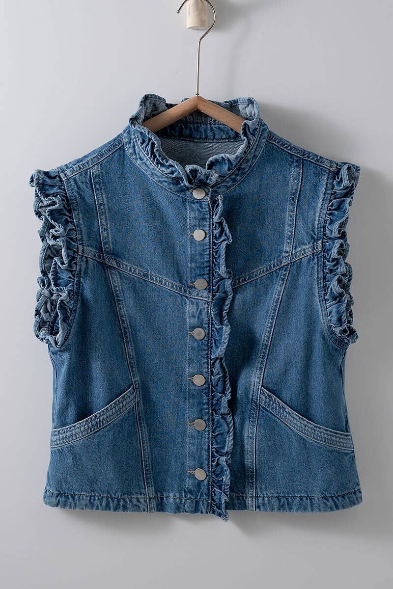 Gilet en jean à volants Victorian Muse – Superposition audacieuse à col montant