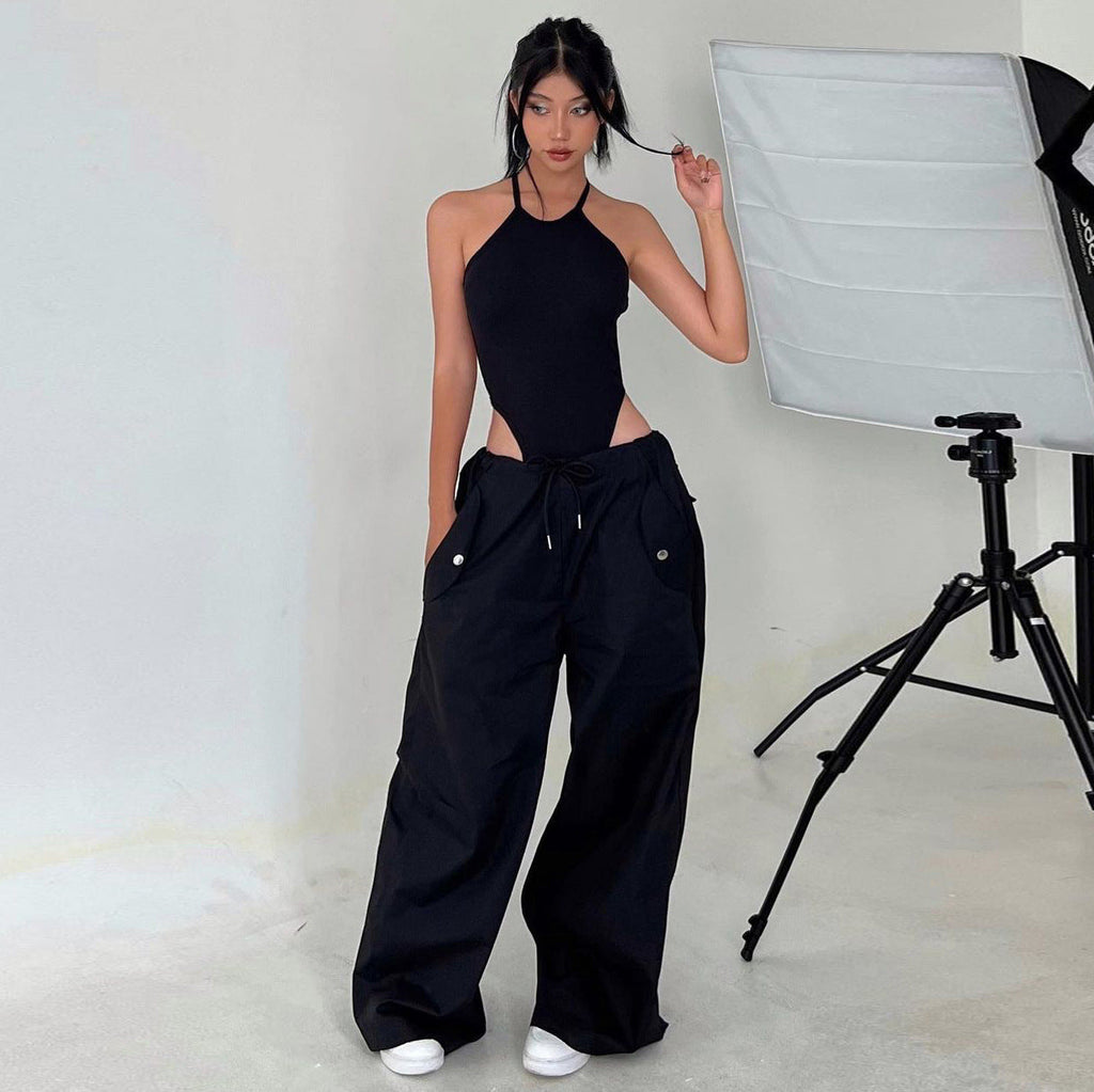 Pantalon cargo droit femme taille haute à lacets – Coupe ample