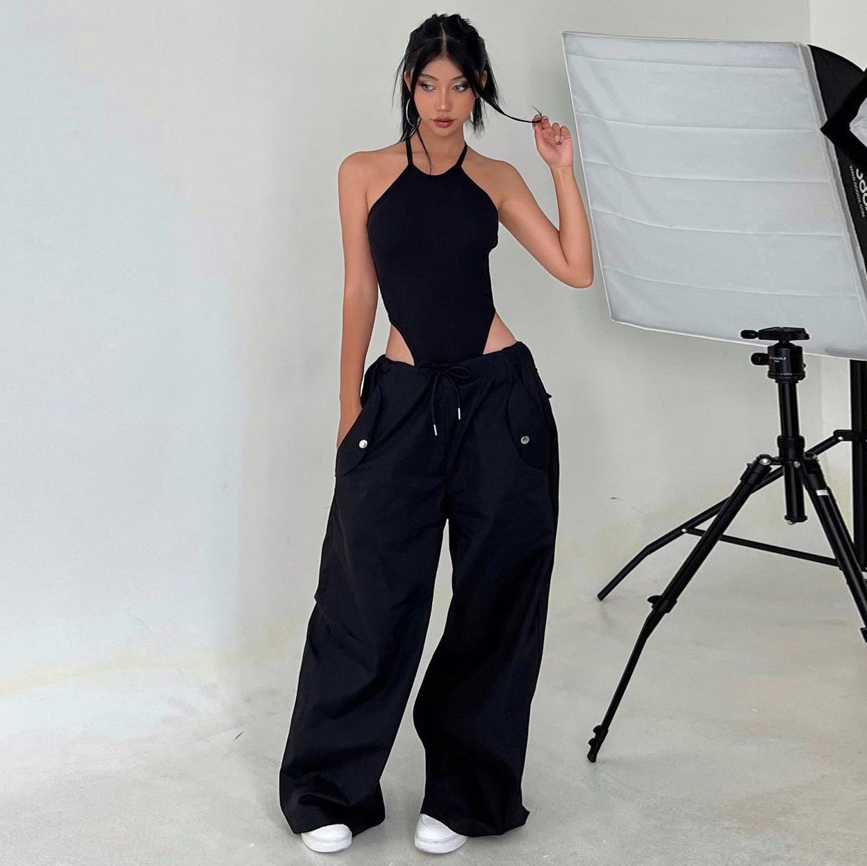 Pantalon cargo droit femme taille haute à lacets – Coupe ample