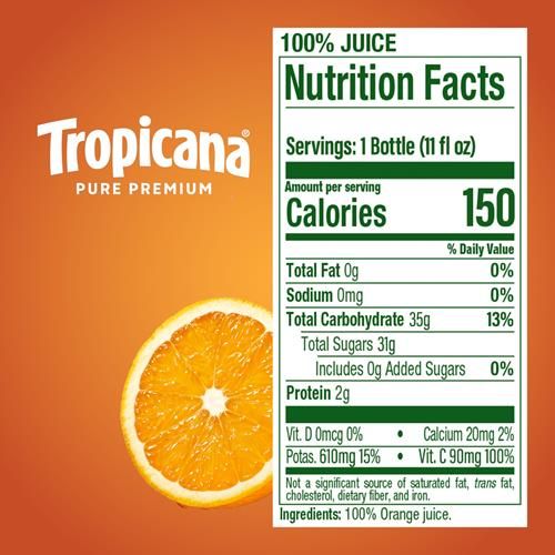 Jus d'orange Tropicana Pure Premium 100% Original, sans pulpe, portion individuelle, bouteille de 325 ml