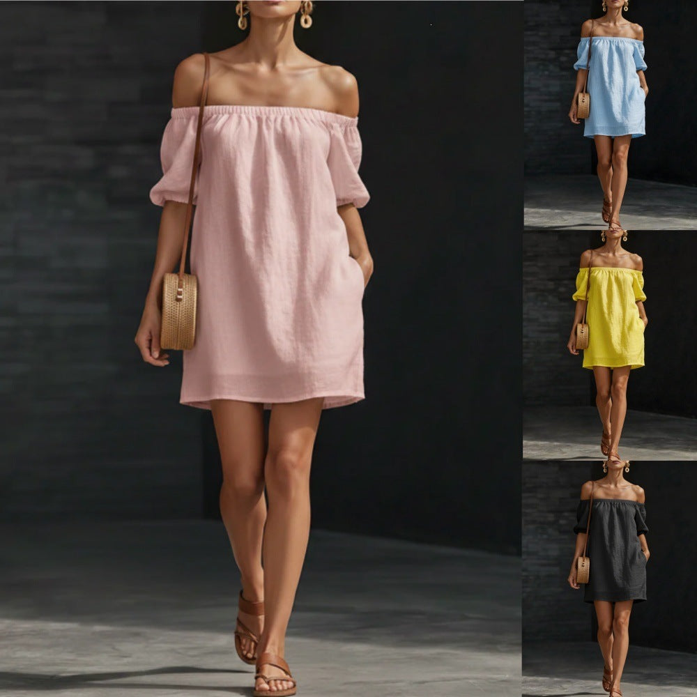 Robe trapèze courte femme en coton et lin à épaules dénudées et manches bouffantes