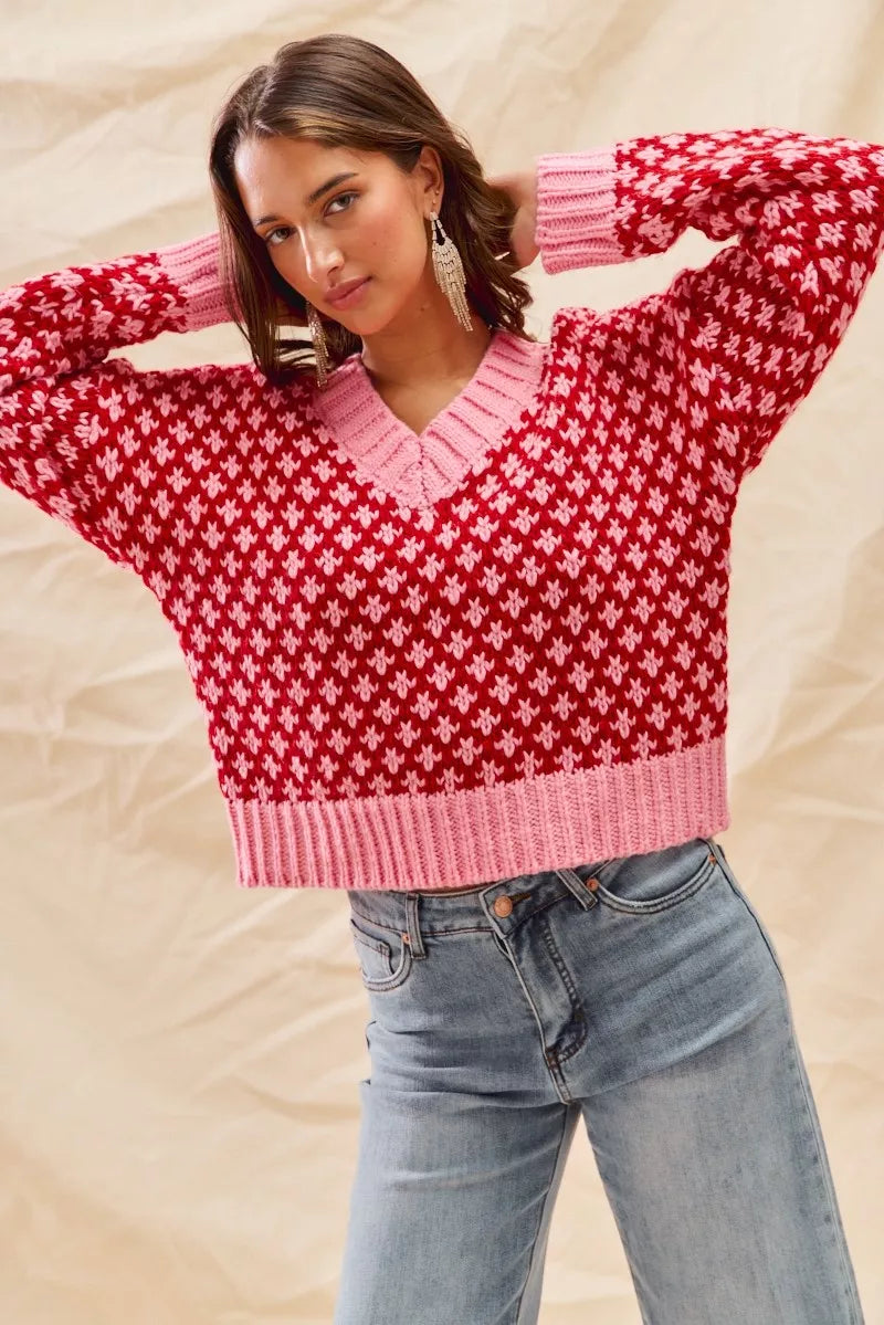 SO ME Pull de Noël texturé à blocs de couleurs avec décolleté en V