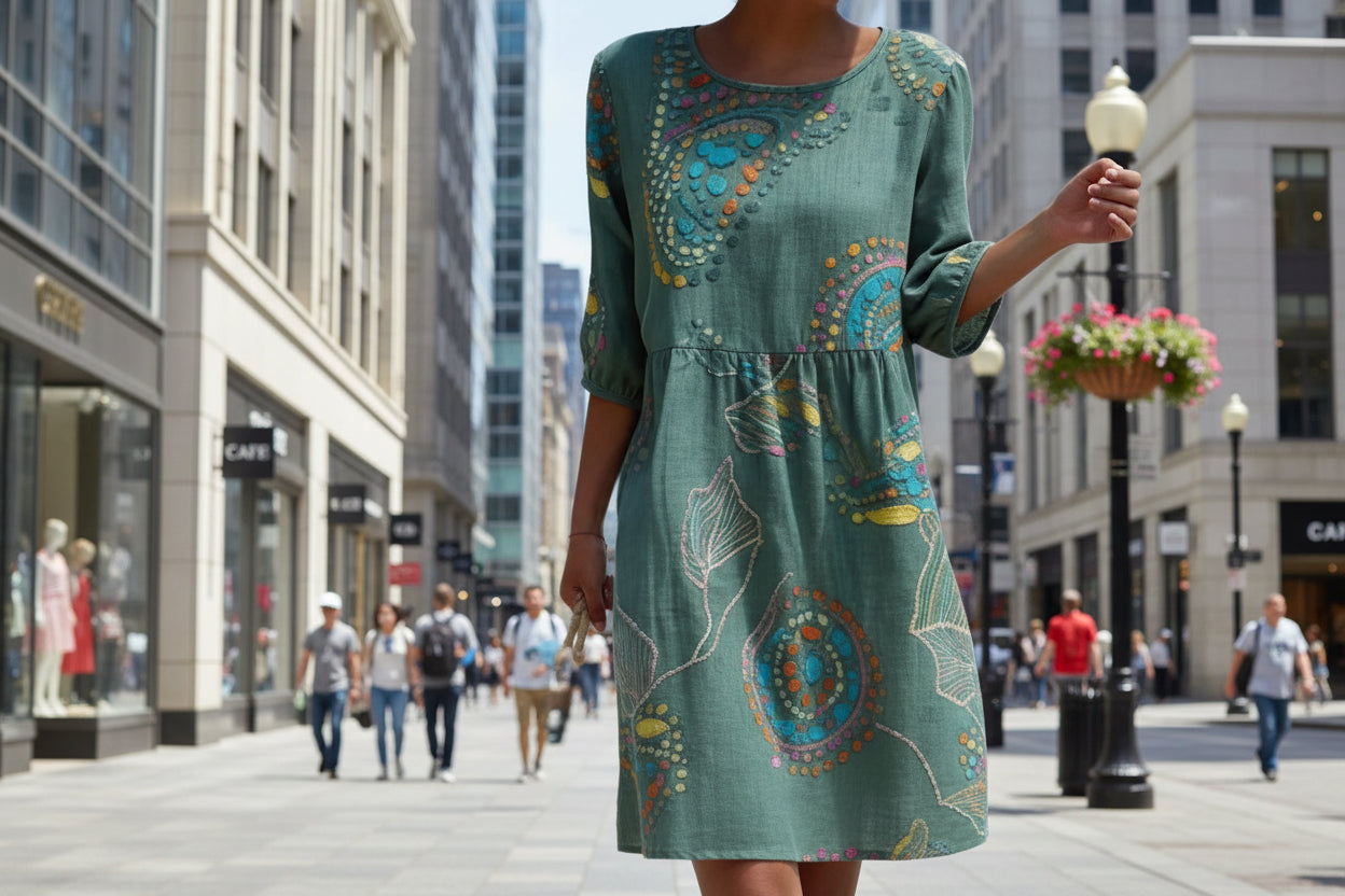 Robe trapèze à manches longues et imprimé floral 3D pour femme – Col rond coupe ample