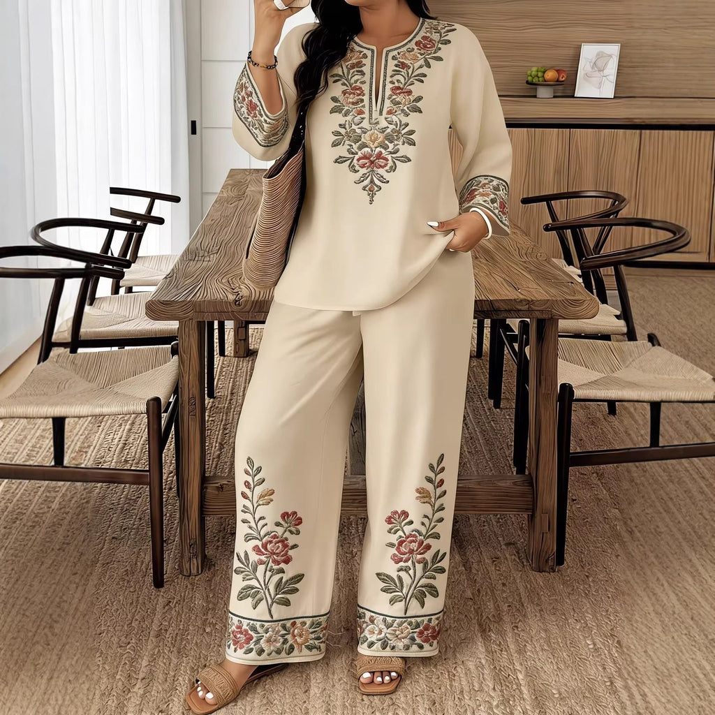 Ensemble deux pièces ethnique pour femme avec chemise à manches longues et pantalon court