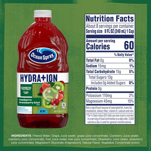 Boisson à l'eau de canneberge, fraise et kiwi Ocean Spray Hydration, boisson de soutien à l'hydratation avec électrolytes, bouteille de 1,77 L