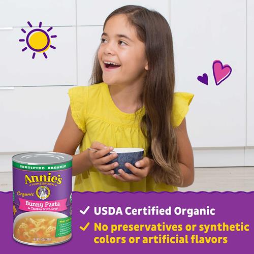 Soupe biologique Annie's aux pâtes en forme de lapin et au bouillon de poulet, 14 oz