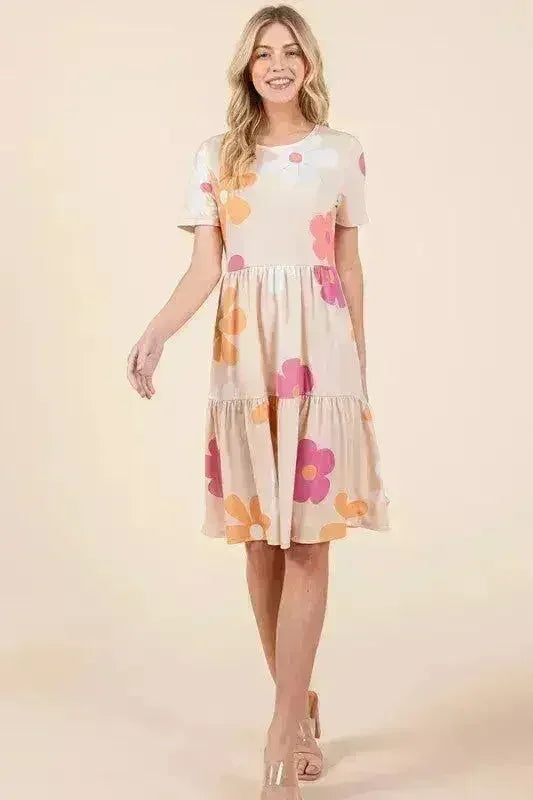 Robe d'été étagée fleurie - Col rond manches courtes | BOMBOM