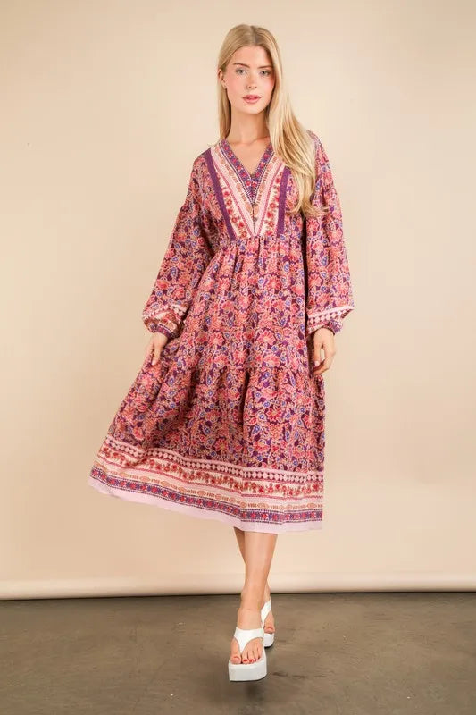 Robe d'été bohème à col en V, manches ballon et imprimé fleuri – Robe bohème à col en V, Robe à manches ballon, Robe à imprimé fleuri, Robe bohème féminine, Robe d'été chic