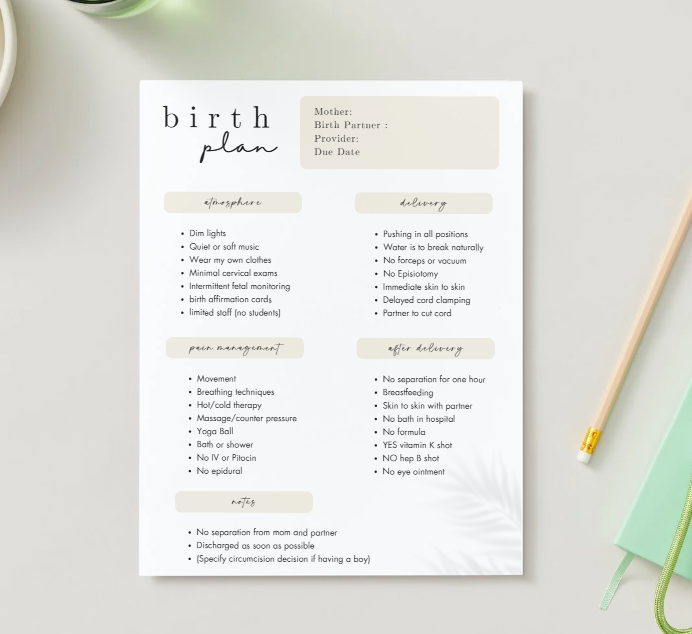 Editable Canva Birth Plan Template – 2 Page PDF in 3 Minimalist Designs (Instant Download)