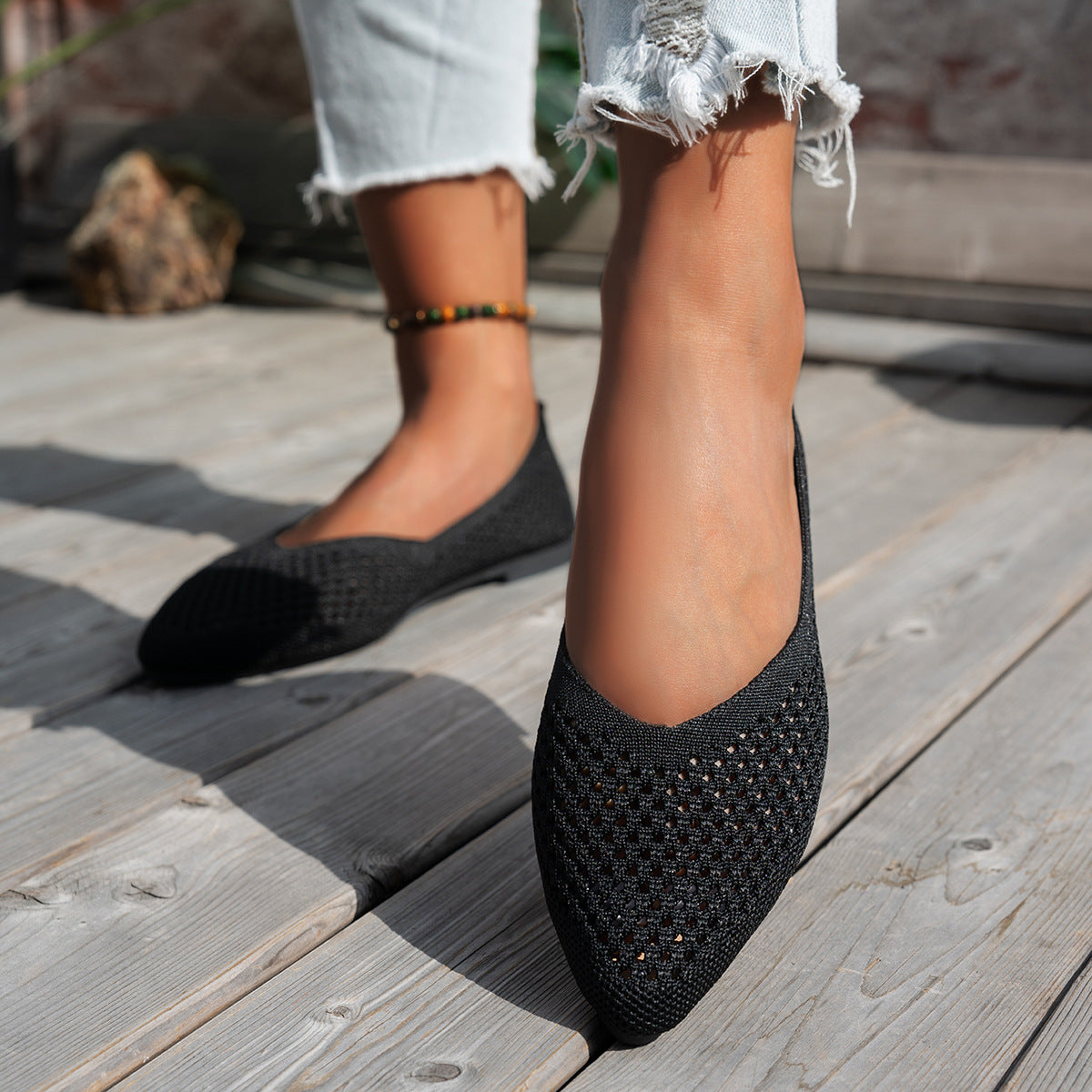Mocassins plats décontractés pour femme en tricot Flyknit à bout pointu