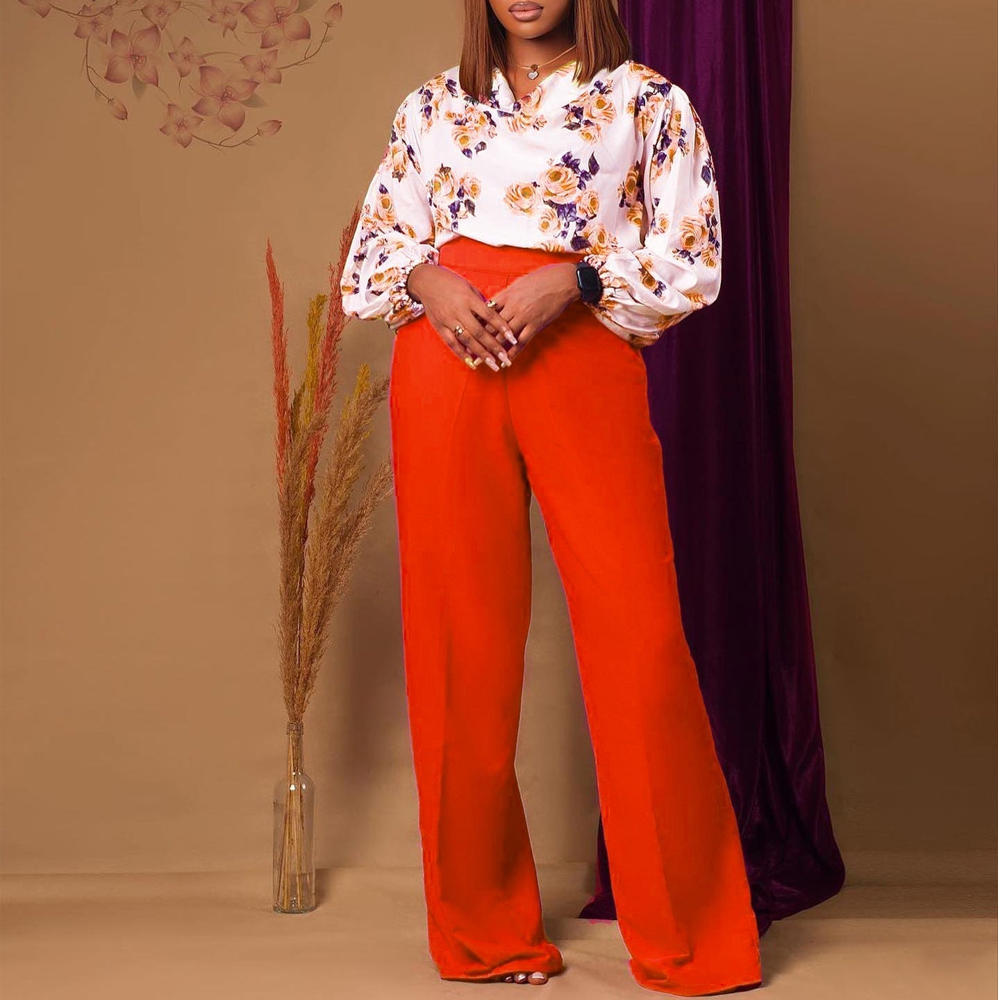 Ensemble Haut Lacé Imprimé Floral & Pantalon Large – 4 Couleurs, S–3XL