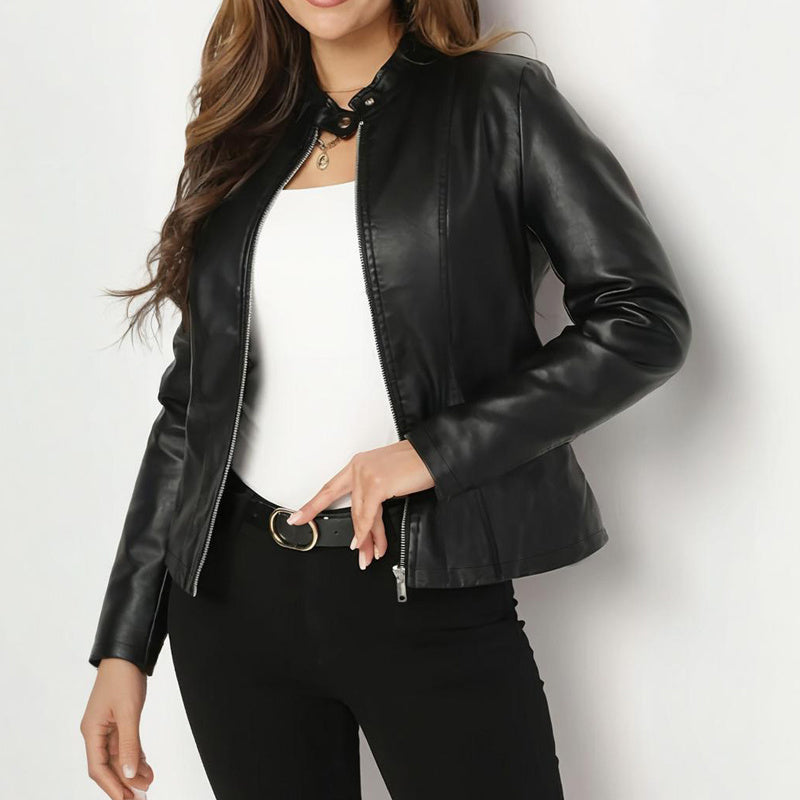 Blazer en similicuir uni à manches longues et col montant pour femme