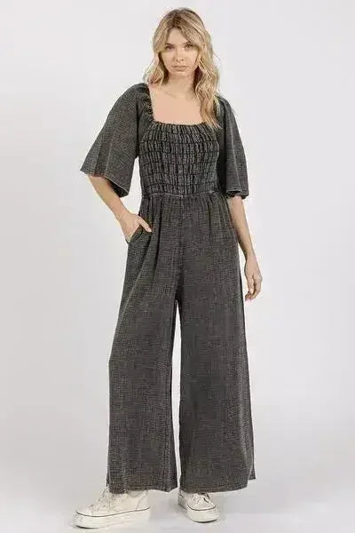Combinaison Jumpsuit en Gaze Lavée Minérale - Barboteuse Ample Froncée à Jambes Larges | Femstylo
